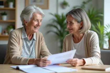 Femme agee souriante avec sa fille lors d'une revue de dossier