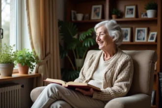 Femme âgée en tricot assise avec un livre de poésie