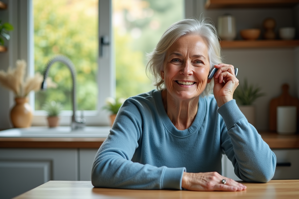Femme souriante avec appareil auditif dans une cuisine lumineuse