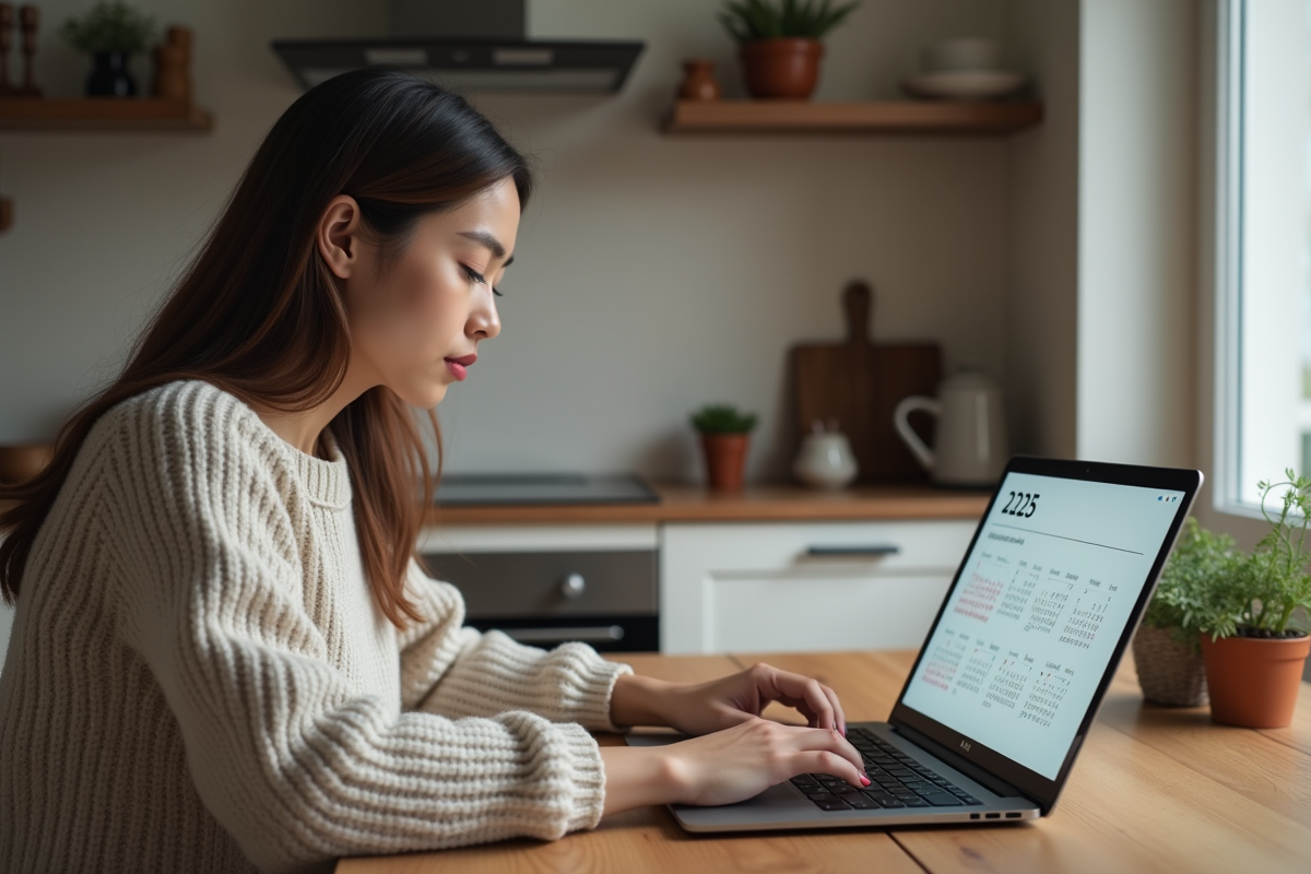 Jeune femme regardant un calendrier 2025 sur son ordinateur