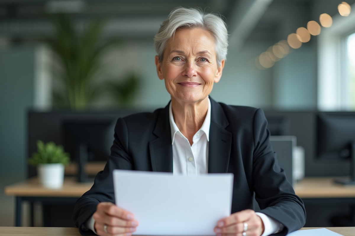 Femme de 70 ans souriante lors d'un entretien d'embauche