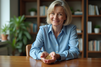 Femme d'âge moyen tenant un charminscrit dans un intérieur lumineux