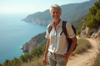 Femme de 50 ans en randonnée sur un sentier côtier lors de vacances solo actives