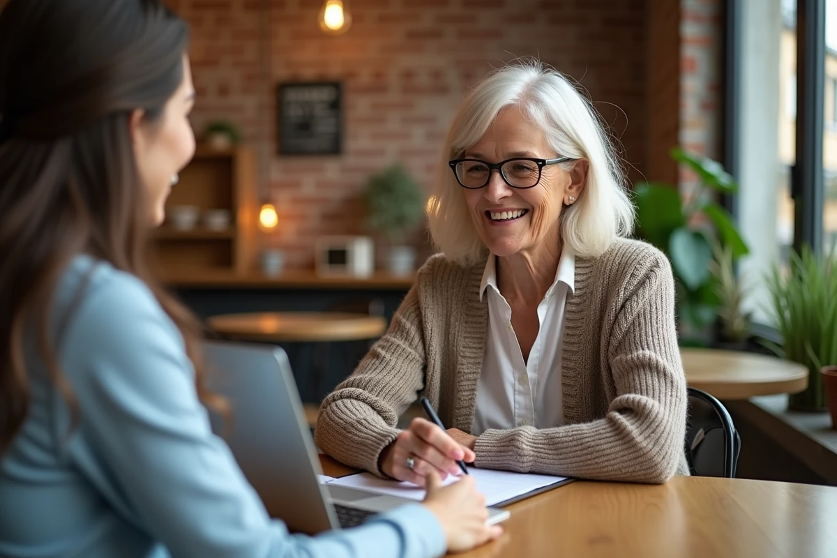 Femme âgée discutant de retraite avec une conseillère au café