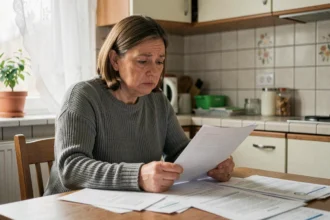 Femme d'une cinquantaine d'années consultant des documents administratifs sur l'AAH à sa table de cuisine