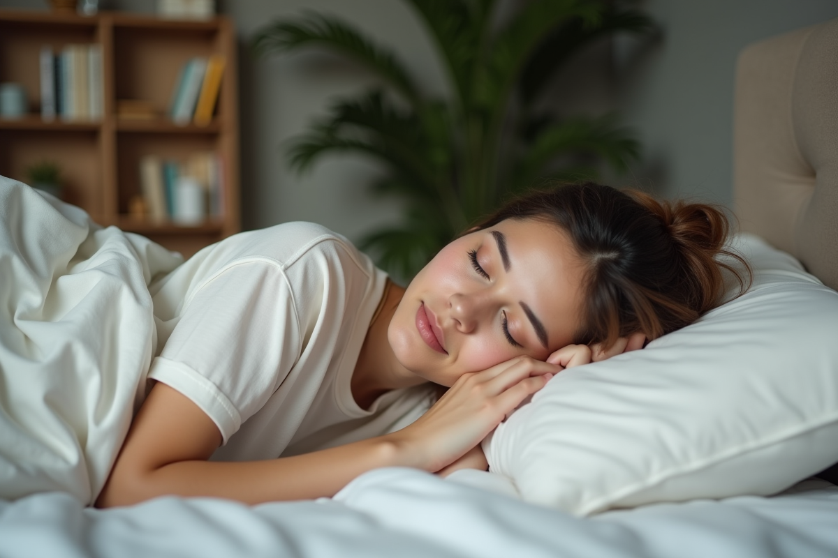 Jeune femme dormant paisiblement dans un lit confortable