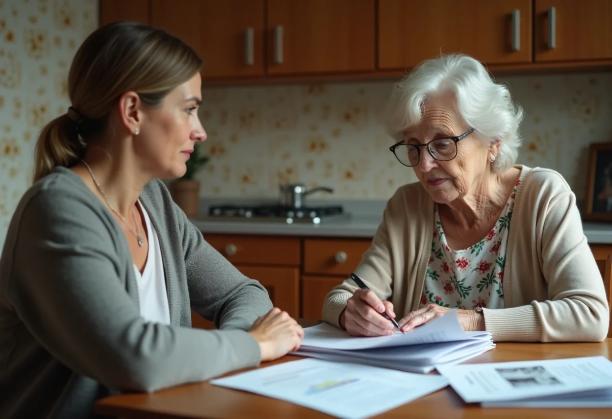 Femme âgée et fille examinant des papiers dans la cuisine