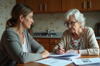 Femme âgée et fille examinant des papiers dans la cuisine