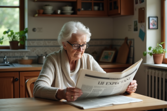 Femme âgée lisant un journal dans sa cuisine chaleureuse
