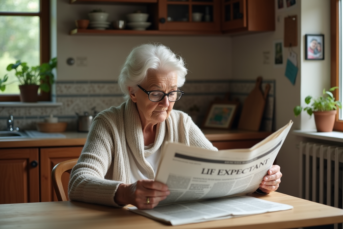 Femme âgée lisant un journal dans sa cuisine chaleureuse