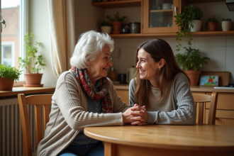 Femme âgée souriante avec sa fille dans la cuisine chaleureuse
