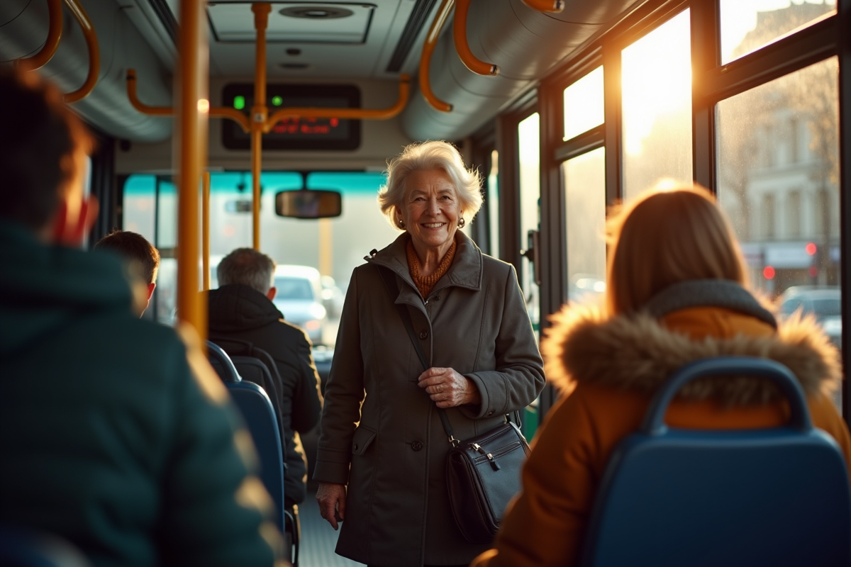 Femme âgée entrant dans un bus moderne à Paris