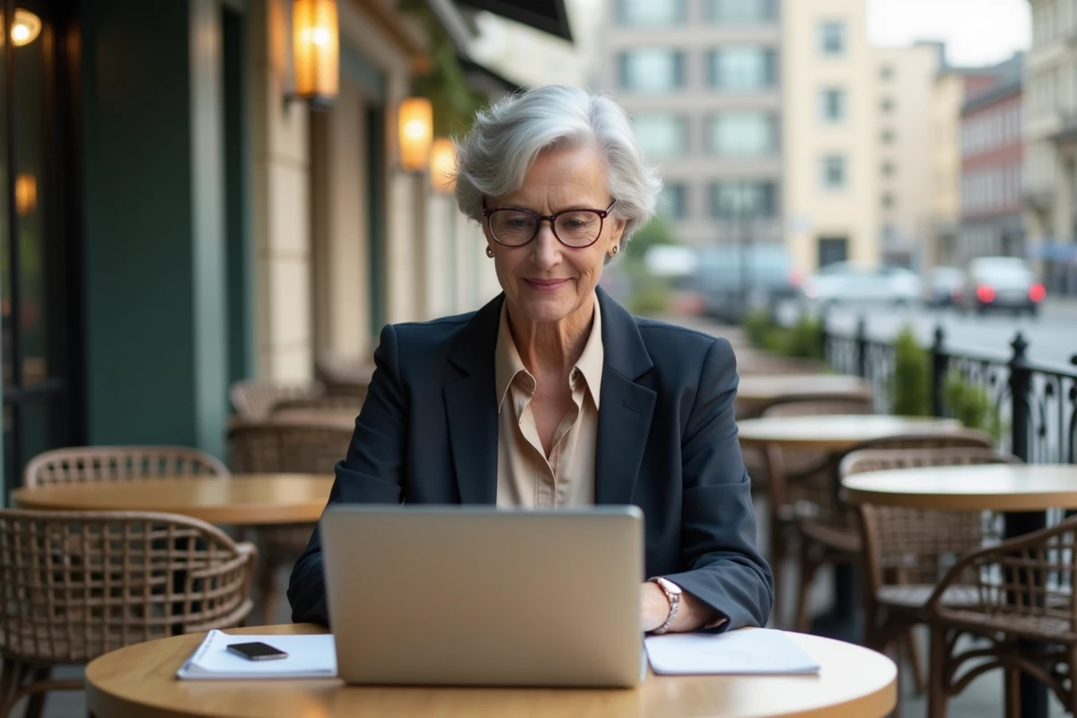 Femme cadre travaillant sur son ordinateur dans un café en ville