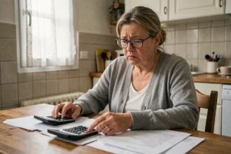 Femme en situation d'invalidité consultant ses documents de pension à son domicile, illustrant les difficultés financières liées à la revalorisation des pensions en 2026