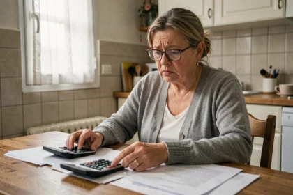 Femme en situation d'invalidité consultant ses documents de pension à son domicile, illustrant les difficultés financières liées à la revalorisation des pensions en 2026