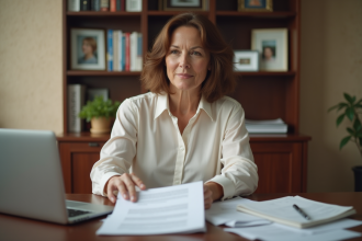 Femme d'âge moyen lisant des documents officiels à la maison
