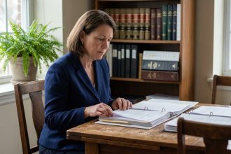 Femme élégante en costume navy étudiant des documents juridiques