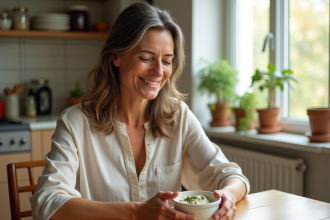 Femme souriante appliquant un masque capillaire naturel