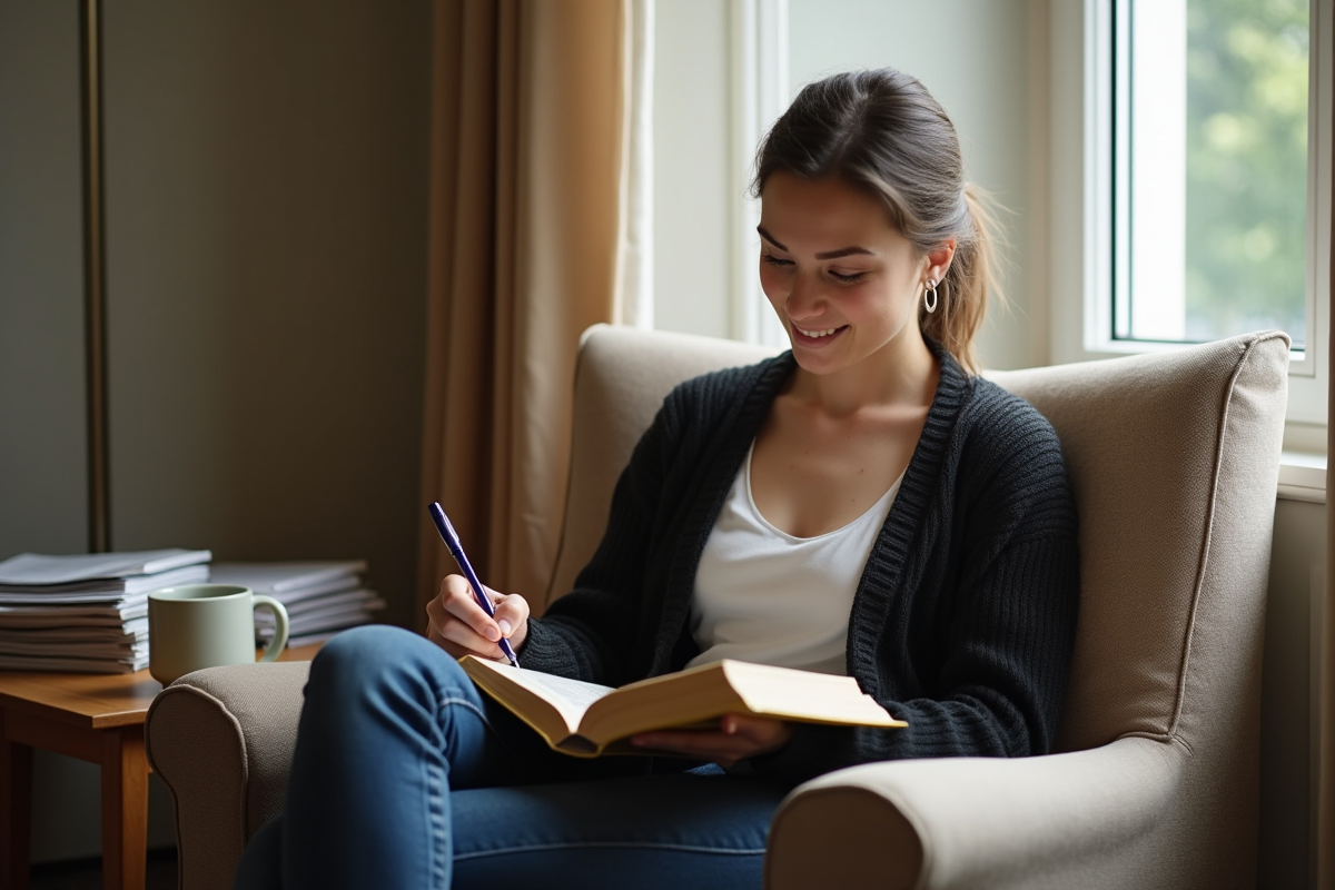 Jeune femme prenant des notes dans un livre dans un coin lumineux