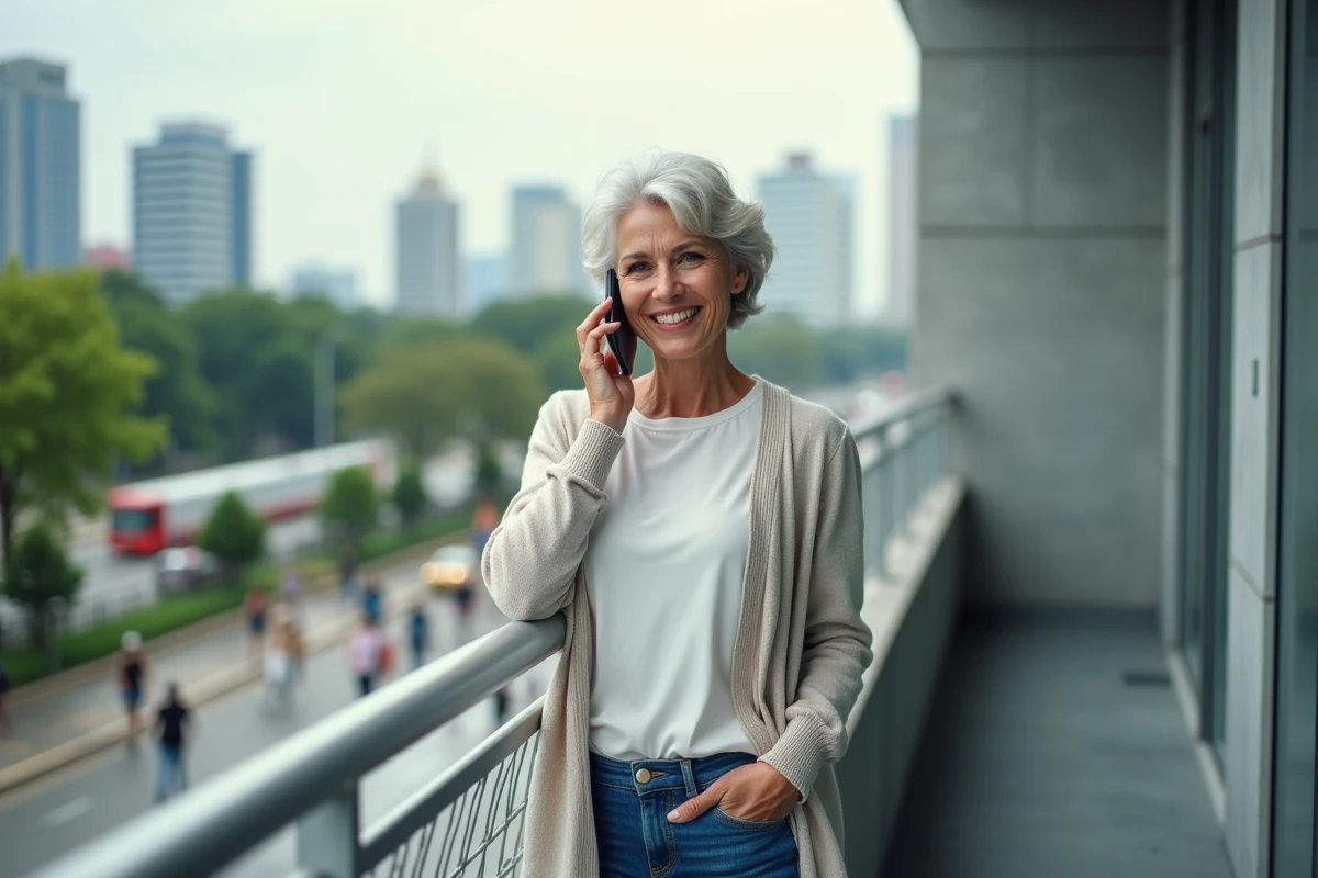 Femme souriante parlant au téléphone sur un balcon urbain