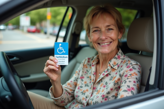Femme souriante avec permis de stationnement dans la voiture