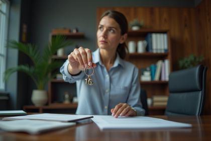 Femme d'âge moyen tenant un porte-clé 16 en métal dans un bureau