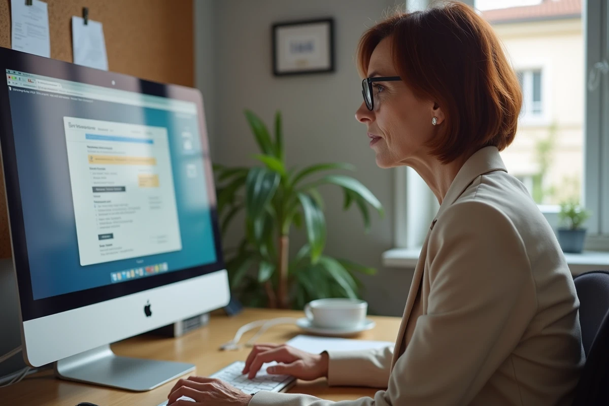 Femme en préretraite vérifiant ses droits Agirc-Arrco sur un portail en ligne depuis son bureau à domicile