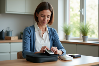 Femme d'âge moyen préparant un moniteur de pression à la maison