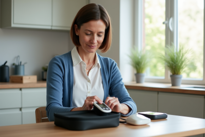 Femme d'âge moyen préparant un moniteur de pression à la maison