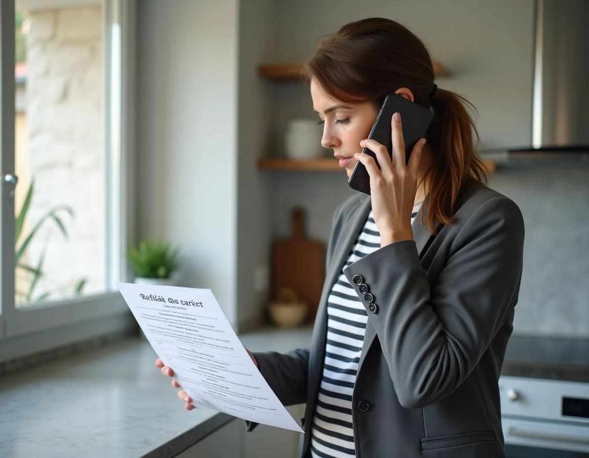 Femme d'âge mûr au téléphone examinant son relevé de carrière pour contacter la CNAV