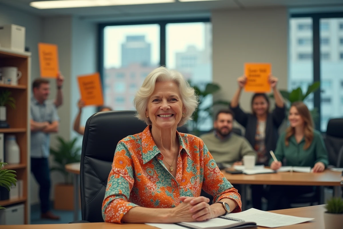Femme âgée heureuse à son bureau avec décorations de départ en retraite