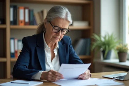 Femme de 62 ans consultant ses documents de retraite à son bureau à domicile, illustrant la revalorisation des retraites 2026