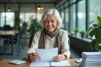 Femme souriante lisant une carte de retraite au bureau