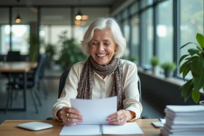 Femme souriante lisant une carte de retraite au bureau