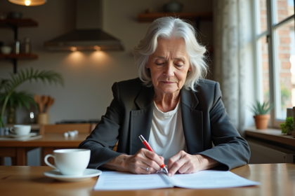 Femme de 50 ans examinant des papiers de retraite dans la cuisine