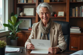 Femme souriante en blazer linen tenant une carte de retraite
