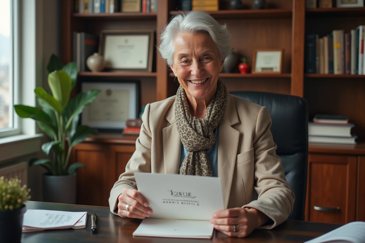 Femme souriante en blazer linen tenant une carte de retraite