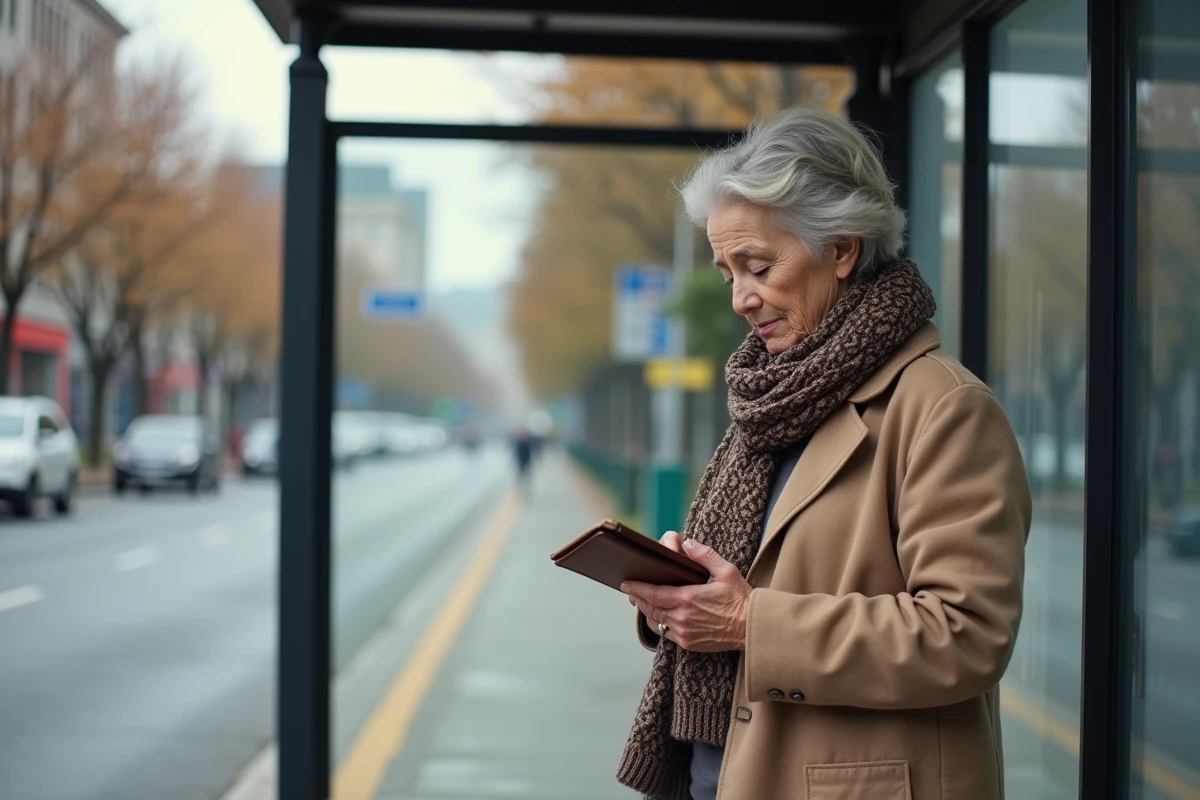 Femme retraitée vérifiant son sac à un arrêt de bus