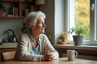 Femme retraitée en cardigan regardant par la fenêtre