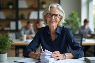Femme senior souriante tenant des notes d'adieu dans son bureau