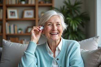 Femme senior souriante ajustant son appareil auditif dans un salon chaleureux