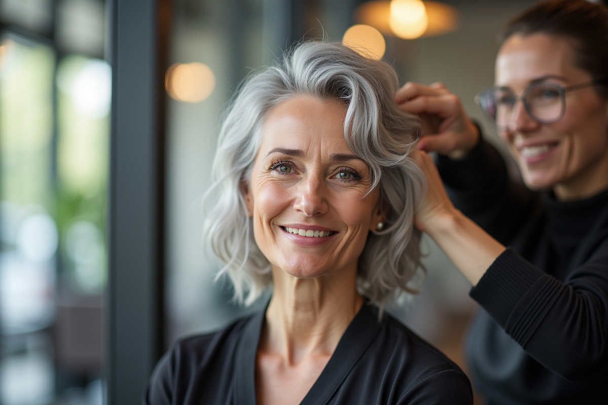 Femme senior souriante avec cheveux argentés en salon moderne