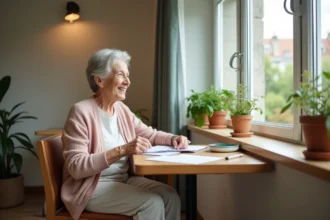 Femme senior assise à une table avec papiers dans un centre belge