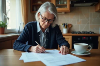 Femme senior examinant des documents de retraite Agirc-Arrco à sa table de cuisine