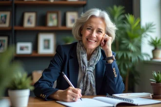 Femme senior souriante écrivant dans un bureau moderne