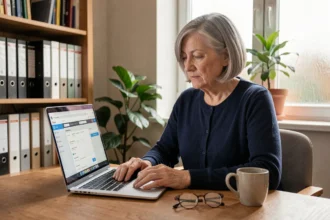 Femme senior utilisant l'espace personnel Carsat sur son ordinateur portable depuis son bureau à domicile