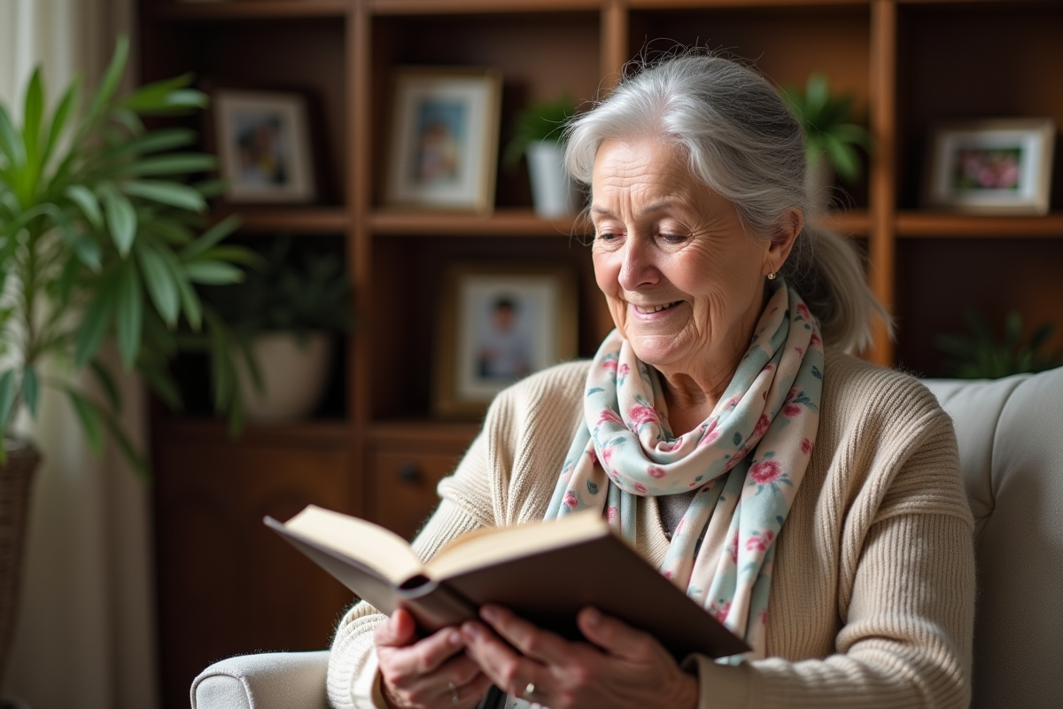Femme âgée lisant un livre dans un intérieur chaleureux