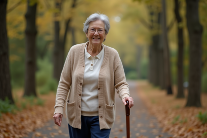 Femme senior souriante marche en forêt avec une canne en bois
