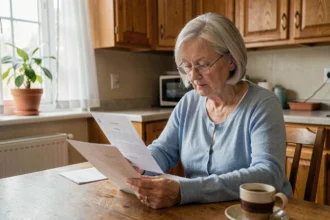 Une femme de plus de 70 ans lisant les documents de renouvellement de permis de conduire à sa table de cuisine