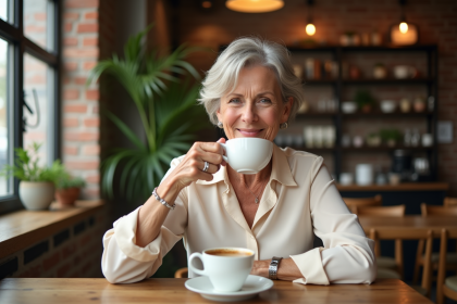 Femme élégante sixties sirotant un thé dans un café cosy